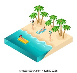 Isometric people person, 3d tourists, girls relaxing on beach, ocean, sand, palm trees, rest, sunbathing, women in bathing suits, vacation, isolated on white background.