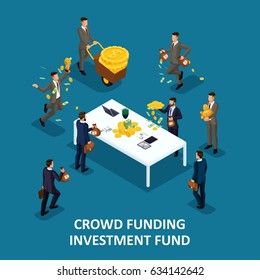 Isometric people persona, 3d businessmen, investing crowd financing, Collaboration, kraudinvesting, collection of money in a financing fund for posting to a startup.