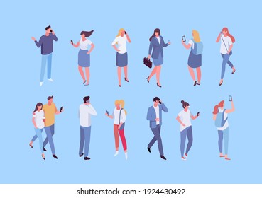 Isometric people Phone talking. Communication. Vector male and female characters with smartphones isolated on white background