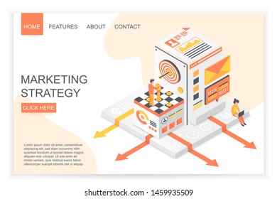 Isometric people playing chess and using laptop while representing marketing strategy. Content marketing strategy landing page isometric vector template. Strategic business approach 3d concept