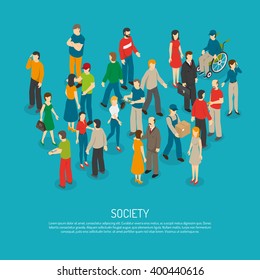 Isometric people poster with mix of different men and women in crowd on blue background vector illustration