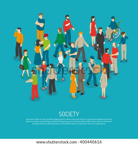 Isometric people poster with mix of different men and women in crowd on blue background vector illustration