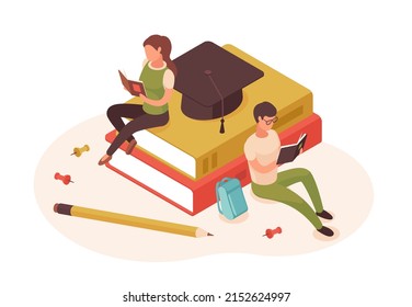 Isometric people reading books, students education, man and woman reading. College students in library isolated vector illustration. Book library concept