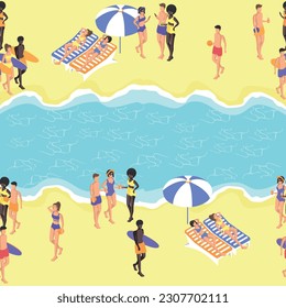 Isometric people relax on the beach, lie on sun loungers. seamless pattern. vector illustration.