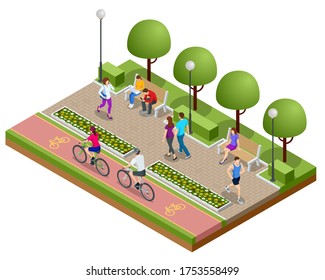 Isometric People Relaxing And Walking In The Park. People Ride A Bike On A Bicycle Path. Active And Healthy Relaxation.