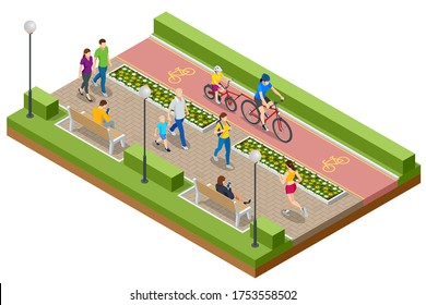 Isometric People Relaxing And Walking In The Park. People Ride A Bike On A Bicycle Path. Active And Healthy Relaxation.