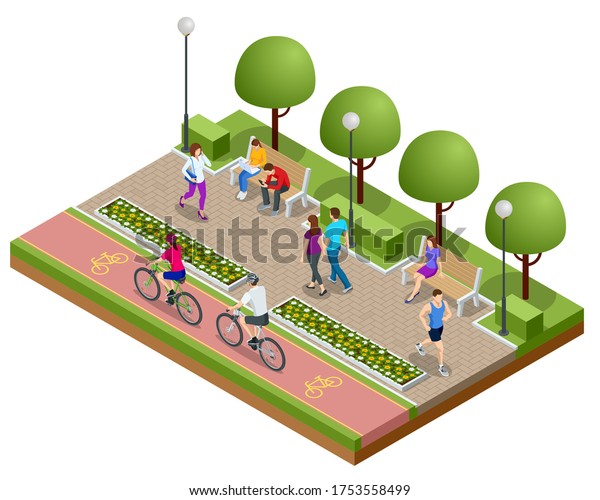 Isometric people relaxing and walking in the park. People ride a bike on a bicycle path. Active and healthy relaxation.