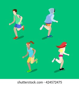 Isometric People. Running Man and Woman. Healthy Lifestyle. Sportsman Exercises. Vector flat 3d illustration