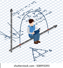 Isometric People. School Routine. Boy Student On The Background Of Math Formulas