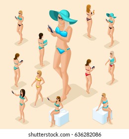 Isometric people set 2 of girl, 3d woman on the beach, great choice, front view rear view, standing, sitting, girl in swimsuit for summer vector illustration.