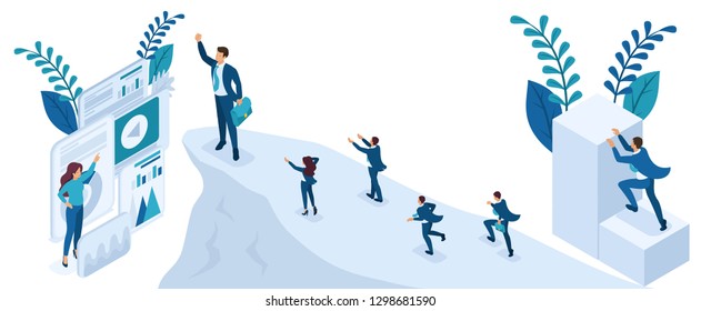 Isometric People Set, Big businessman at the top symbolizes leadership and success, people follow him.