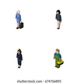 Isometric People Set Of Businesswoman, Girl, Plumber And Other Vector Objects. Also Includes Lady, Technician, Stewardess Elements.