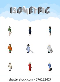 Isometric People Set Of Businesswoman, Housemaid, Lady And Other Vector Objects. Also Includes Worker, Woman, Hostess Elements.