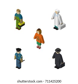 Isometric People Set Of Detective, Lady, Plumber And Other Vector Objects. Also Includes Hospital, Agent, Technician Elements.