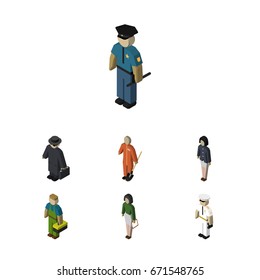 Isometric People Set Of Detective, Seaman, Plumber And Other Vector Objects. Also Includes Laborer, Sailor, Girl Elements.