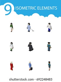 Isometric People Set Of Female, Male, Officer And Other Vector Objects. Also Includes Nurse, Agent, Doctor Elements.