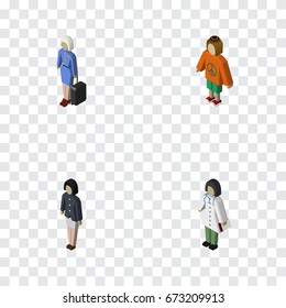 Isometric People Set Of Girl, Doctor, Lady And Other Vector Objects. Also Includes Hostess, Doctor, Nurse Elements.