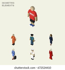 Isometric People Set Of Hostess, Guy, Businesswoman And Other Vector Objects. Also Includes Builder, Man, Lady Elements.