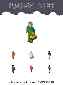 Isometric People Set Of Medic, Cleaner, Guy And Other Vector Objects. Also Includes Female, Hospital, Policewoman Elements.