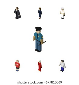 Isometric People Set Of Officer, Guy, Seaman And Other Vector Objects. Also Includes Human, Mariner, Policeman Elements.