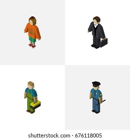 Isometric People Set Of Officer, Lady, Investor And Other Vector Objects. Also Includes Human, Technician, Policeman Elements.
