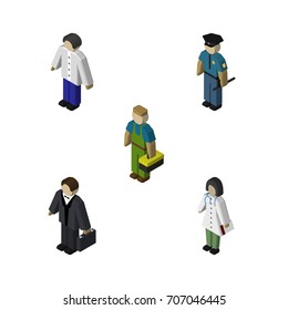Isometric People Set Of Officer, Male, Plumber And Other Vector Objects. Also Includes Policeman, Boy, Investor Elements.