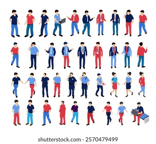 Isometric people set performing various activities, like walking, talking, working and using electronic devices