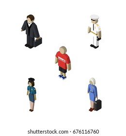 Isometric People Set Of Policewoman, Hostess, Investor And Other Vector Objects. Also Includes Businessman, Sailor, Policewoman Elements.
