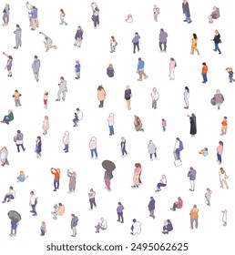 Isometric People Set from Side, Front, and Back Views on White Background - Vector EPS