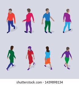 Isometric people set. Walking men and women in modern clothes.