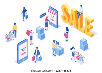 Isometric People Shopping. Big Sale. Online Shopping Isometric Concept.  Modern Design Vector Illustration.	
