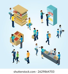 Isometric People Shopping supermarket communication urban fun city service order 3d product hypermarket design marketing 
