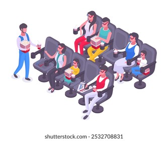 Isometric people sitting in cinema chairs. Movie theatre visitors with popcorn, soda and 3d glasses watching film on big screen vector illustration. Movie watching concept