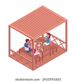 Gente isométrica sentada en un cenador de jardín. Hombre y mujer cenando afuera, muebles de jardín trasero 3d ilustración vectorial. Relajando a los personajes pasando tiempo en el patio trasero