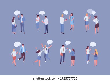 Isometric People with speech bubbles vector characters set.  Men, women asking, answering questions. Young couple sharing impressions, talking to friends, colleagues. 