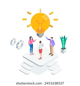 isometric people stand around a large luminous light bulb in color on a white background, searching for an idea for business or teamwork