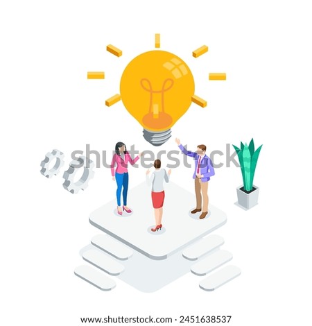 isometric people stand around a large luminous light bulb in color on a white background, searching for an idea for business or teamwork