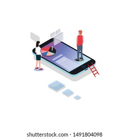 Isometric people stand near the cellphone screen, see information and test mobile programs and applications. Landing page template, vector, Illustration.
 Pelajari pengucapannya
Buka di Google Terjema