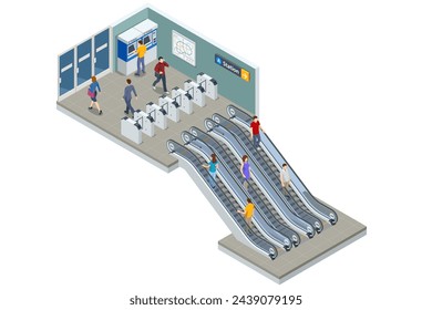 Isometric People stand on the escalator in the subway. High speed train. Included underground train, station. Subway station, railway rapid transit system, metro platform.