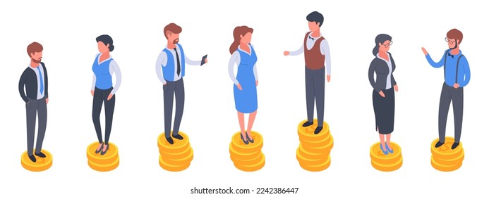 Isometric people standing on money stacks. Salary inequality, financial well-being, revenue gap, poor and rich people flat vector illustration set on white background