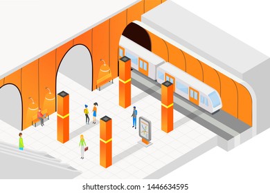 Isometric people standing on platform and waiting for train in city metro subway vector illustration.