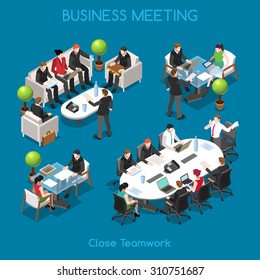 Isometric People Startup Project Man Meet Worker Business Group Team People. Social Meeting Room Office. 3D Flat Isometric Character Infographic Interview Concept Work Table Icon Vector Collection Set