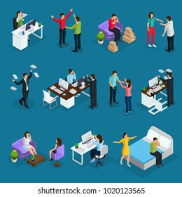 Isometric people and stress set with different stressful situations at work in family and psychologist visiting isolated vector illustration 