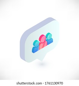 Isometrische Menschen Symbol in Sprachblase. 3D-Teamwork-Person Vektorsymbol. Benutzer-Schaltfläche, Social Media-Illustration für Web, App, Design, Infografiken.