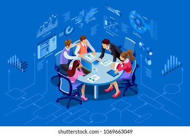 Isometric people team contemporary management concept. Can be used for web banner, infographics, hero images. Flat isometric vector illustration isolated on blue background.Â 