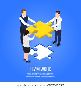 Isometric people teamwork conceptual background with group of human characters holding jigsaw puzzle with editable text vector illustration