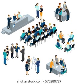 Isometric People Teamwork Set With Business Presentation Conference Coworking Workplace Brainstorming And Discussion Isolated Vector Illustration