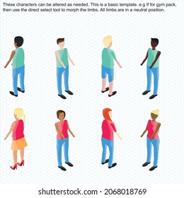 Plantilla de personas isométricas que pueden utilizarse para infografías, arte vectorial, etc. Enfoque masculino y femenino; atrás izquierda, frente izquierda, atrás derecha, frente derecha. Plantilla versátil que se puede modificar fácilmente.
