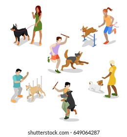 Isometric People Training Dog. Vector flat 3d illustration