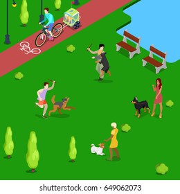 Isometric People Training Dogs in the Park. Vector flat 3d illustration